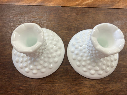 White Fenton Hobnail Milk Glass Candleholders 2, 3 1/4"