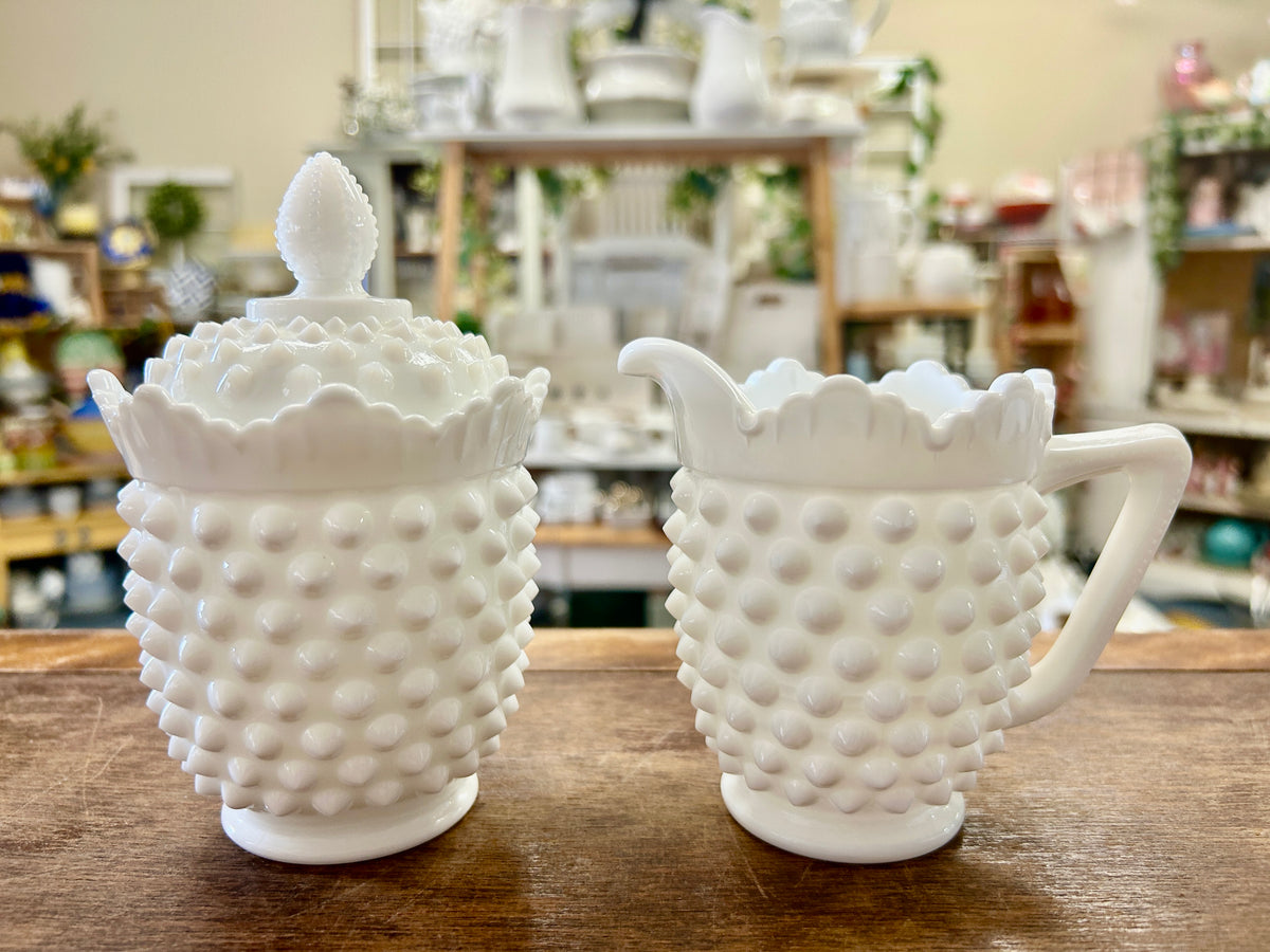White Fenton Hobnail Milk Glass Sugar & Creamer, 5 1/2"