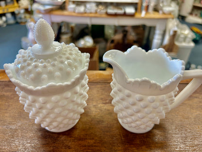 White Fenton Hobnail Milk Glass Sugar & Creamer, 5 1/2"