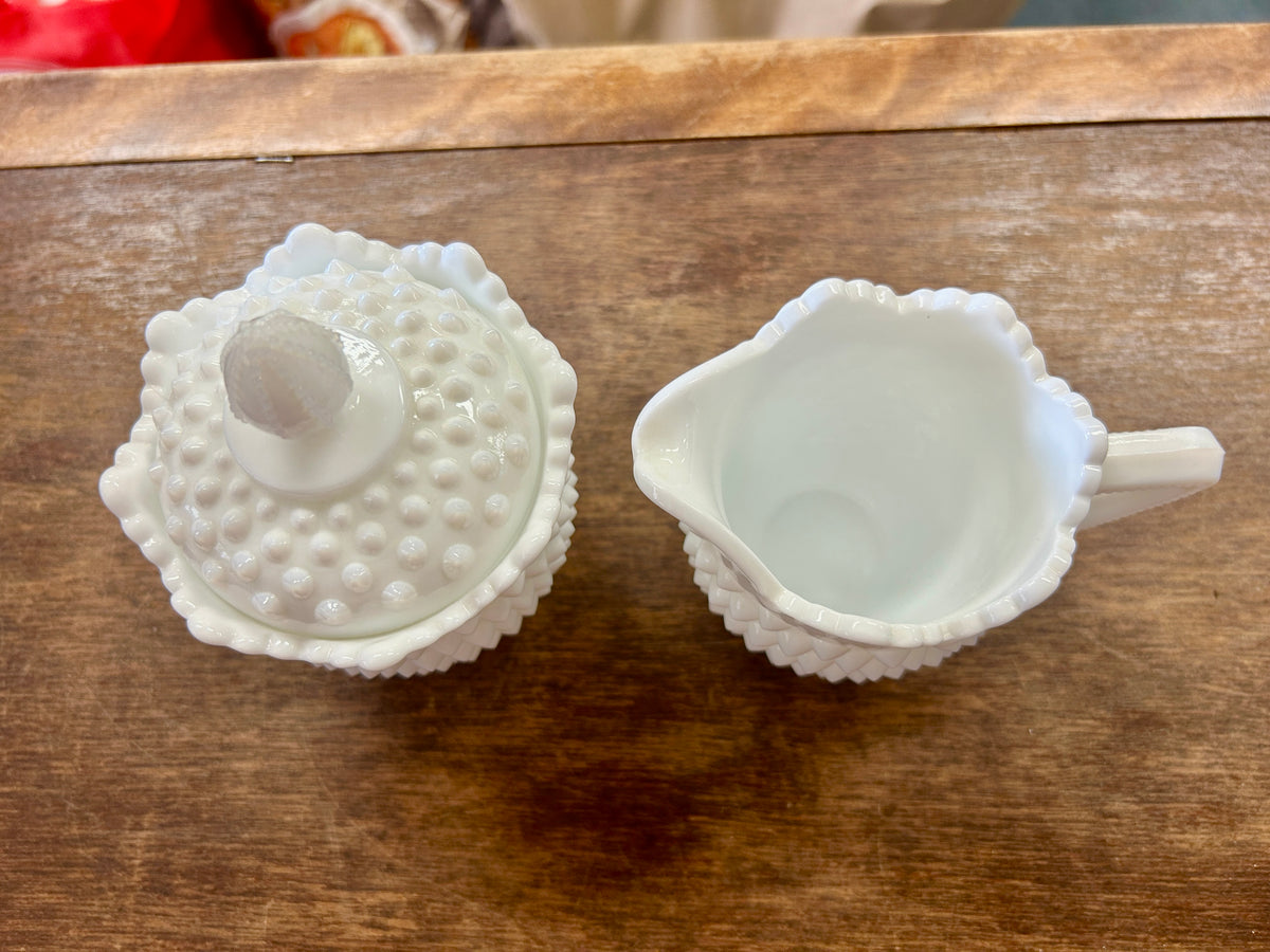 White Fenton Hobnail Milk Glass Sugar & Creamer, 5 1/2"