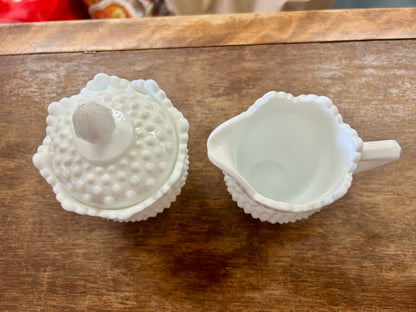 White Fenton Hobnail Milk Glass Sugar & Creamer, 5 1/2"