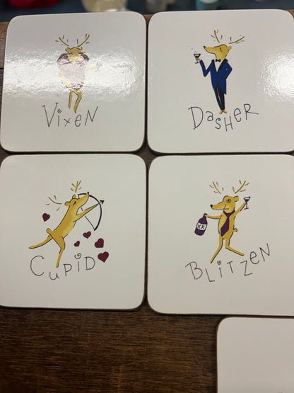 Red Green White Pottery Barn Rudolph Christmas Coasters 9 pcs, 4"