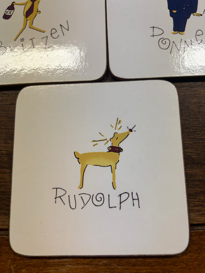 Red Green White Pottery Barn Rudolph Christmas Coasters 9 pcs, 4"