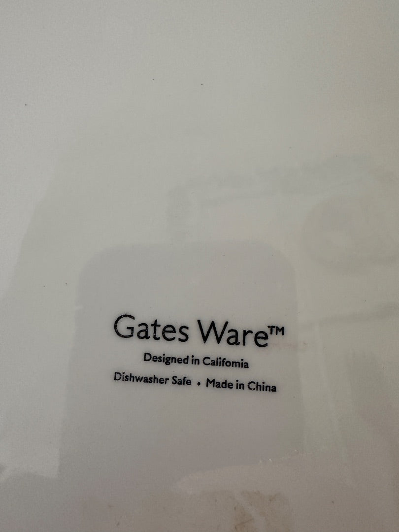 Ceramic platter back with Gates Ware logo and care text: dishwasher safe, China