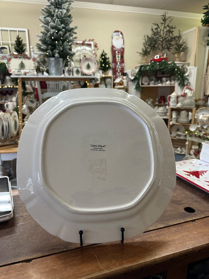 Holiday ceramic platter bottom view, round white base with Gates Ware mark