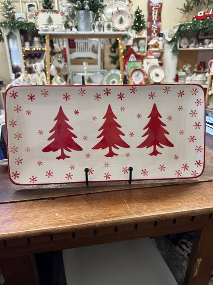 Winterfest ceramic platter with red pine trees and snowflake border, rectangular