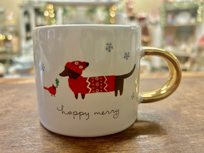Red & White Fringe Happy Merry Dachshund Mug, 3"