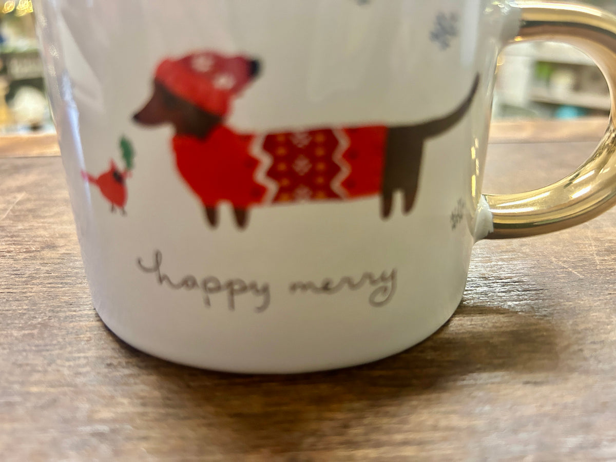 Red & White Fringe Happy Merry Dachshund Mug, 3"