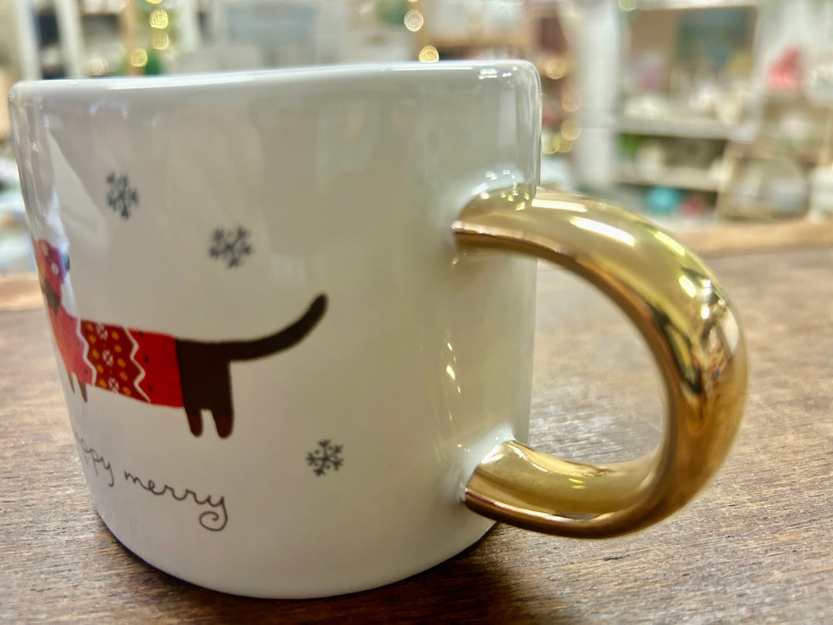 Red & White Fringe Happy Merry Dachshund Mug, 3"