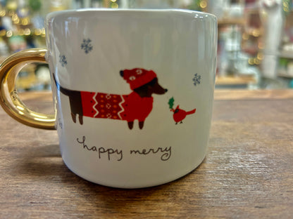 Red & White Fringe Happy Merry Dachshund Mug, 3"