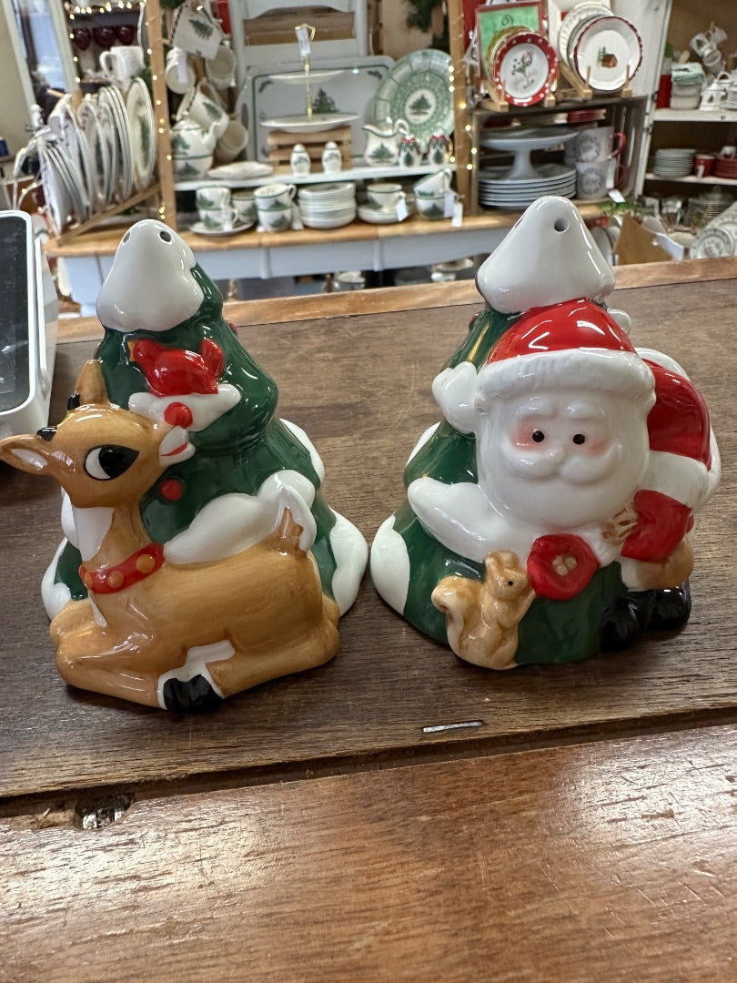Ceramic Christmas salt and pepper shakers with santa and reindeer figures