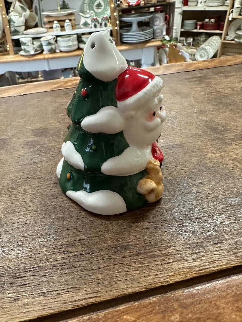 Ceramic Christmas salt and pepper shaker featuring a green tree and reindeer