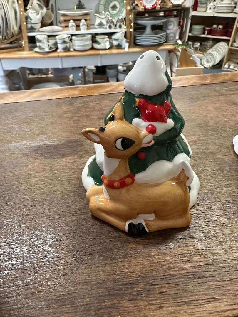 Ceramic Christmas salt and pepper shakers with reindeer figure and santa hat