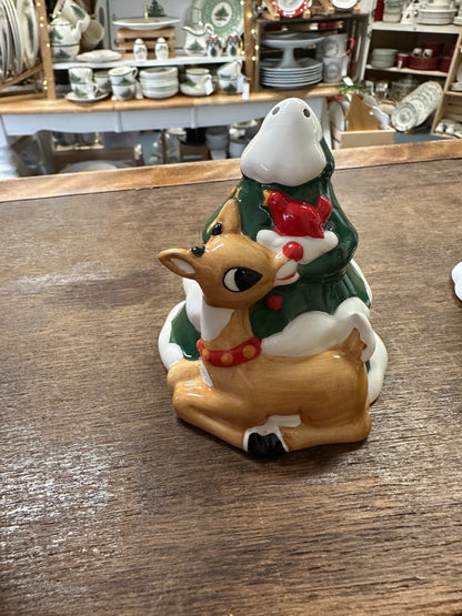 Ceramic Christmas salt and pepper shakers with reindeer figure and santa hat