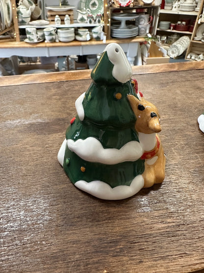 Ceramic Christmas shaker with green tree body and reindeer figure beside