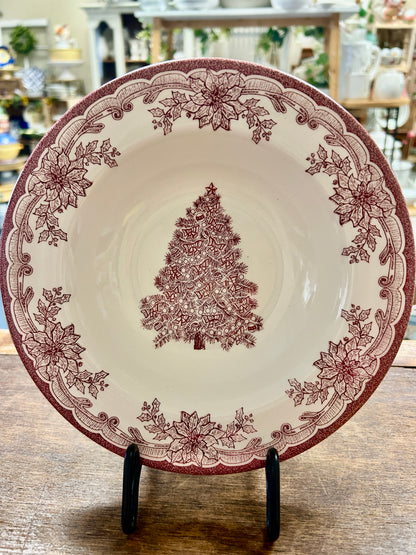 Cranberry & White Staffordshire Engravings Yuletide Bowl, 8 1/2"