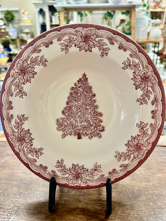 Cranberry & White Staffordshire Engravings Yuletide Bowl, 8 1/2"