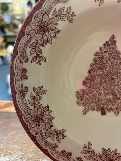 Cranberry & White Staffordshire Engravings Yuletide Bowl, 8 1/2"