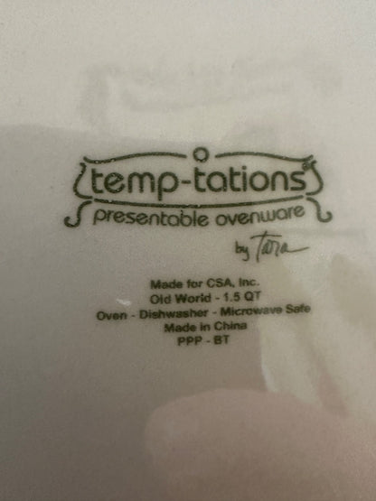 White ceramic lid underside with temp-tations branding and oven-safe markings