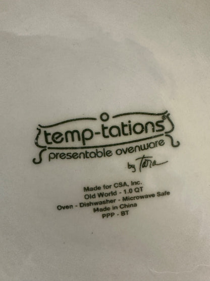 Temp-tations underside label on baking dish, 1 qt, microwave safe