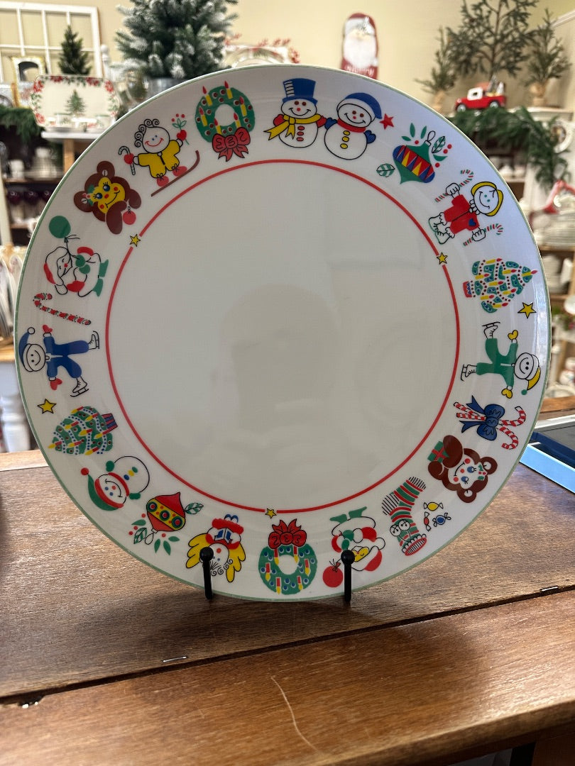 Multicolor Christmas ceramic platter with character border and white center