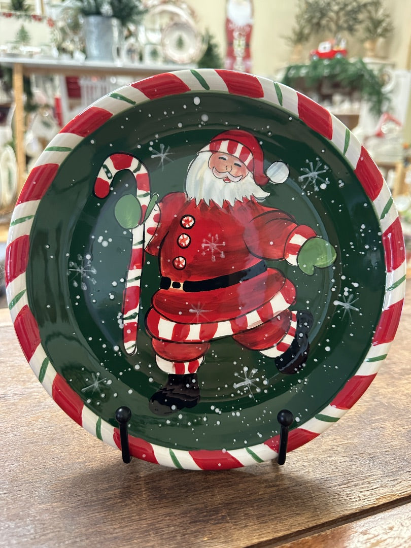 Decorative Santa plate, red green design with striped rim and snowflake details