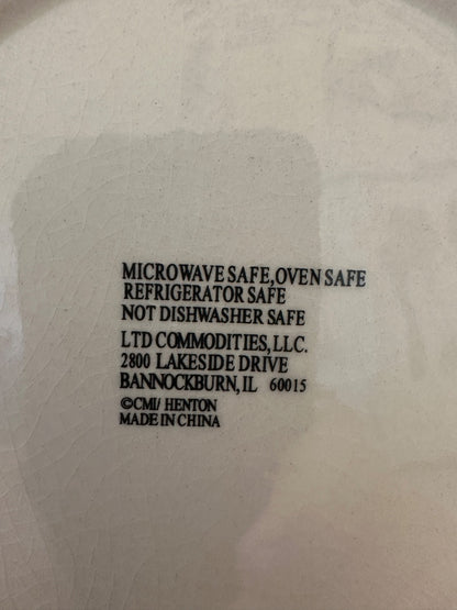 Ceramic plate back safety text: microwave/oven/refrigerate safe; not dishwasher safe