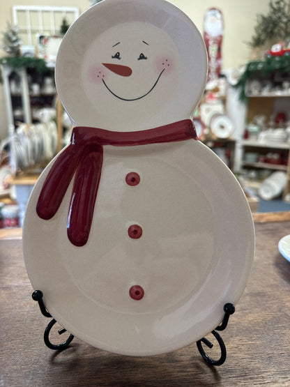 Snowman decorative ceramic plate with red scarf and button details