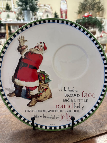 HMK Santa milk and cookies plate with red Santa illustration and green striped rim