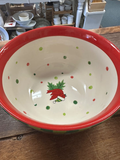 Cream bowl interior with red rim, dotted holly pattern and small gnome design