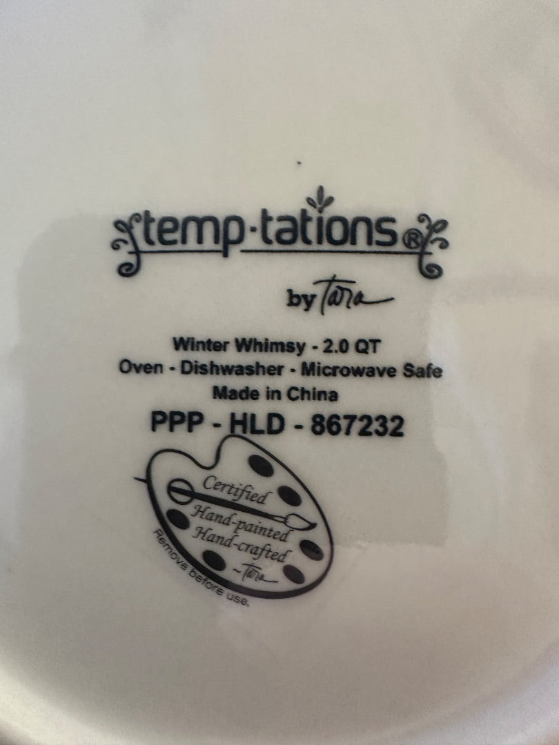 Bowl bottom label: temp-tations by Tara, Winter Whimsy 2.0 QT, PPP and safety info