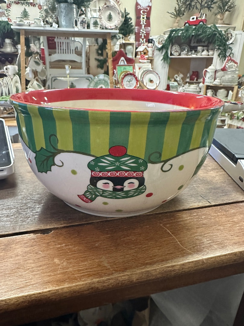 3 qt ceramic mixing bowl with red rim and green striped winter holiday design