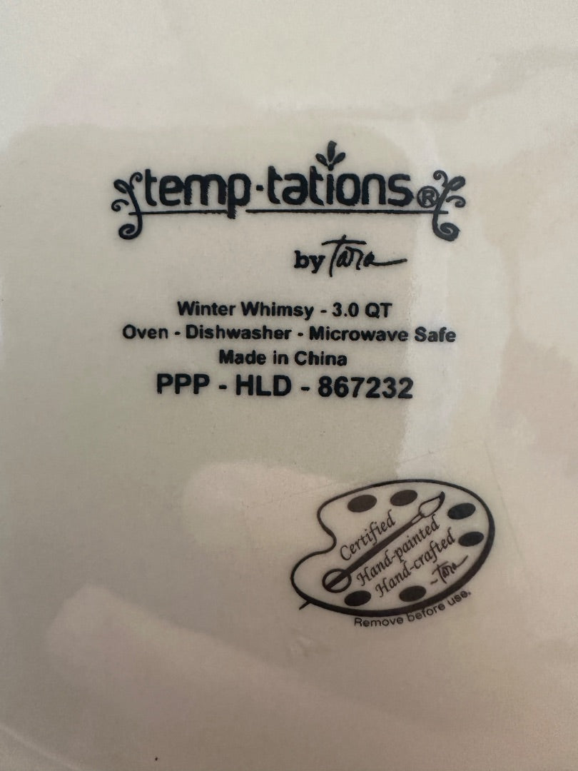 Temp-tations Winter Whimsy bowl label: 3.0 qt, oven/microwave/dishwasher safe