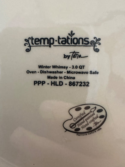 Temp-tations Winter Whimsy bowl label: 3.0 qt, oven/microwave/dishwasher safe