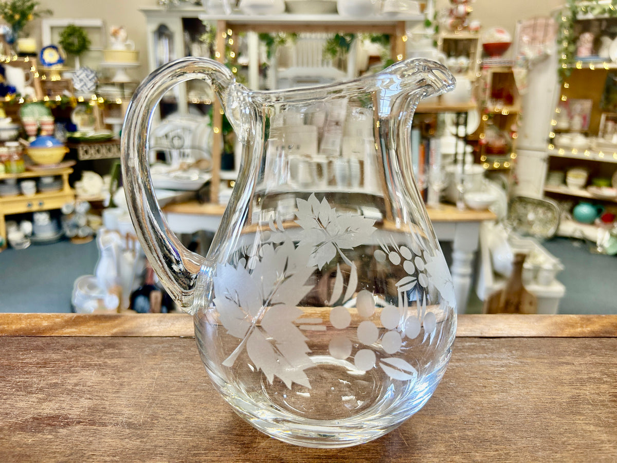 Clear Pasabahce Vintage Etched Pitcher Turkey, 8"