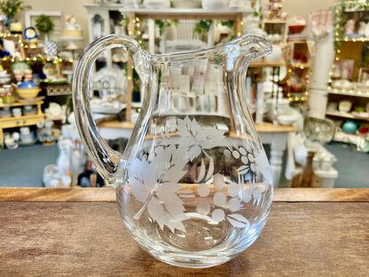 Clear Pasabahce Vintage Etched Pitcher Turkey, 8"