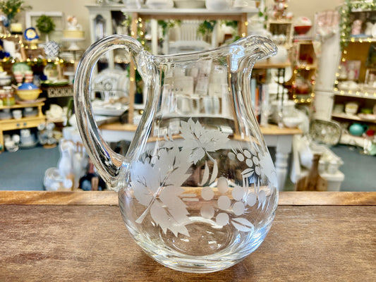 Clear Pasabahce Vintage Etched Pitcher Turkey, 8"