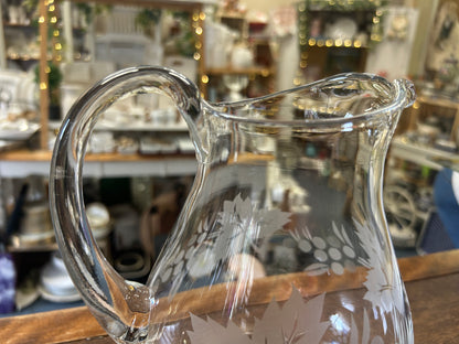 Clear Pasabahce Vintage Etched Pitcher Turkey, 8"