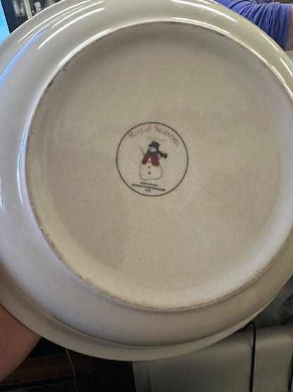 Stoneware serving bowl base with Royal Seasons snowman logo and safety mark