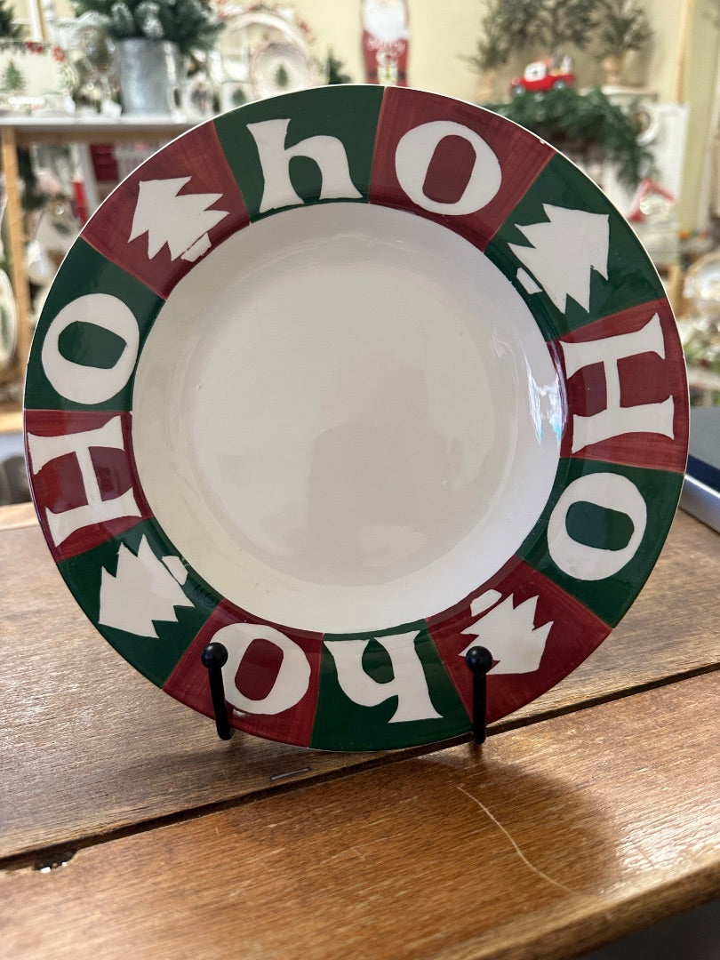 Holiday HO HO HO decorative plate with red, green, and white rim