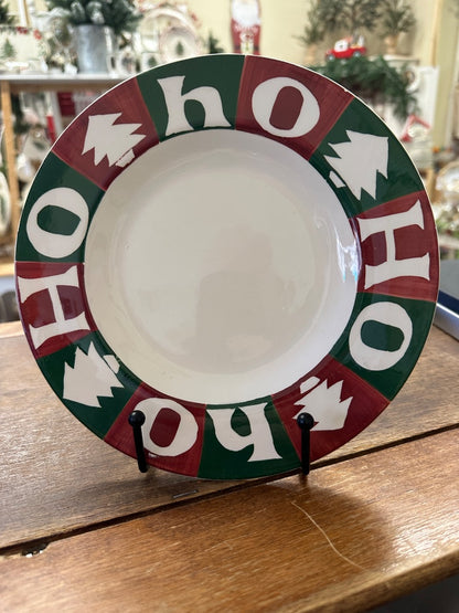 Holiday HO HO HO decorative plate with red, green, and white rim