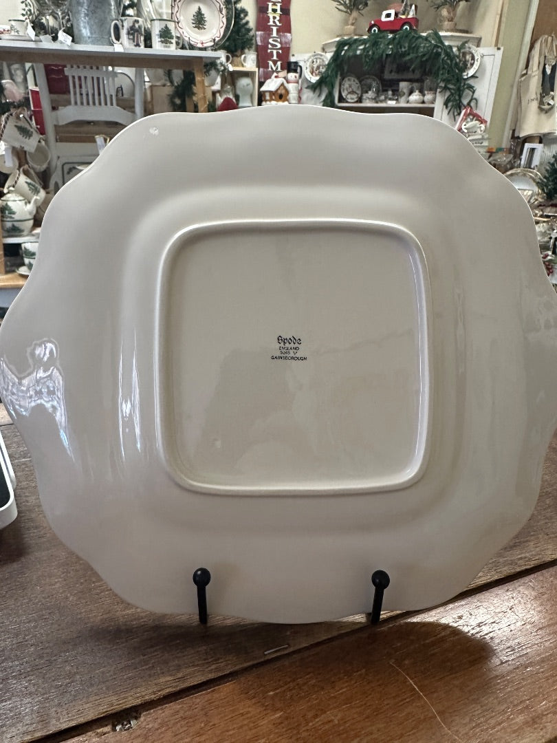 White ceramic platter with molded square rim and small back maker stamp
