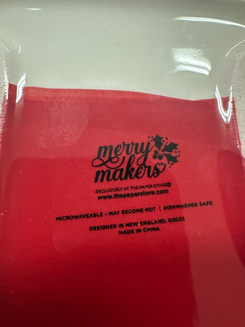 Red ceramic insert with Merry Makers branding and microwave/dishwasher text