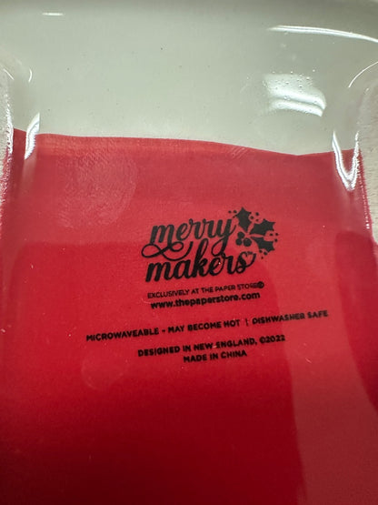 Red ceramic insert with Merry Makers branding and microwave/dishwasher text