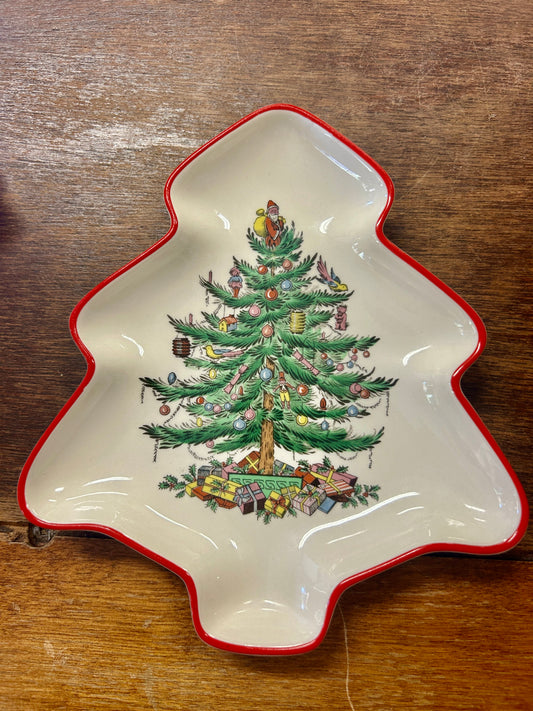 Red Green White Spode Christmas Tree Shaped Plate, 7 1/2"