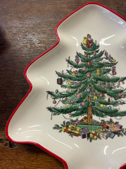 Red Green White Spode Christmas Tree Shaped Plate, 7 1/2"