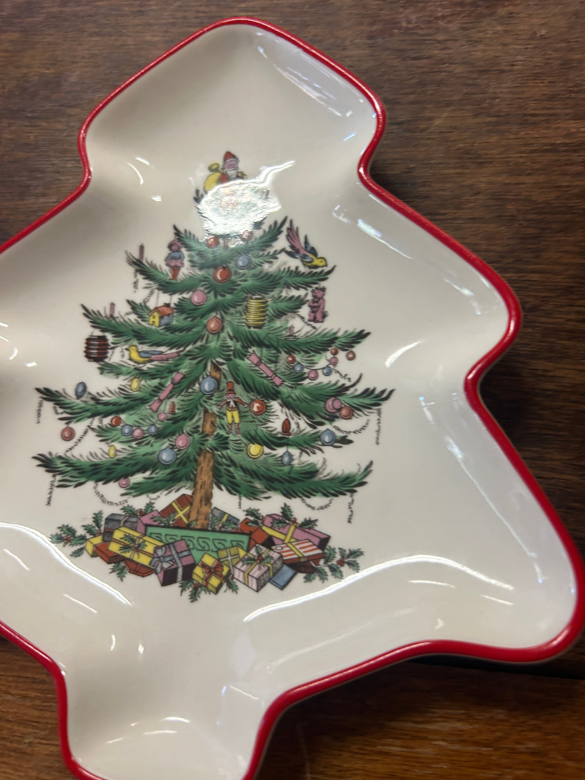 Red Green White Spode Christmas Tree Shaped Plate, 7 1/2"
