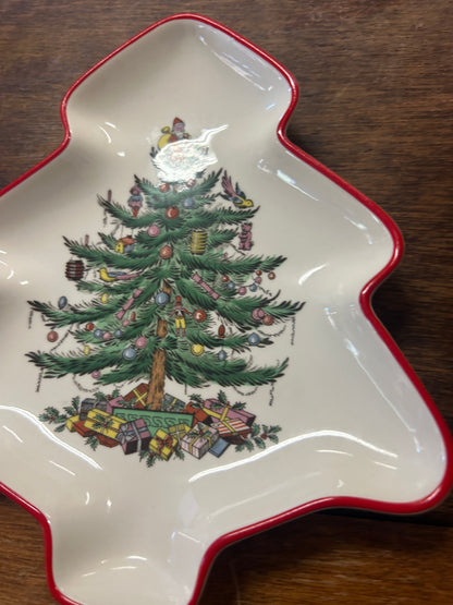 Red Green White Spode Christmas Tree Shaped Plate, 7 1/2"