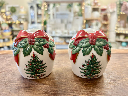 Spode Christmas tree salt and pepper shakers with red tops and holly tree fronts