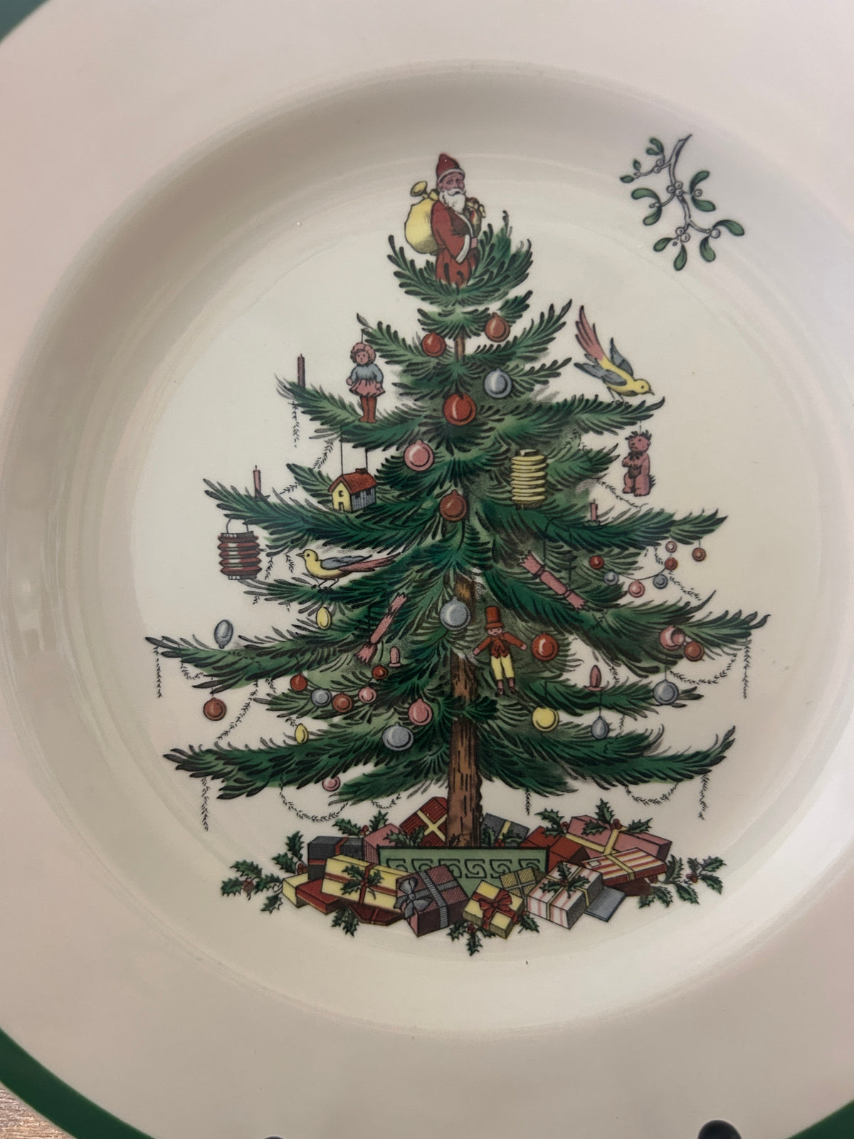 Red Green White Spode Christmas Tree Dinner Plate England, 10 1/2"